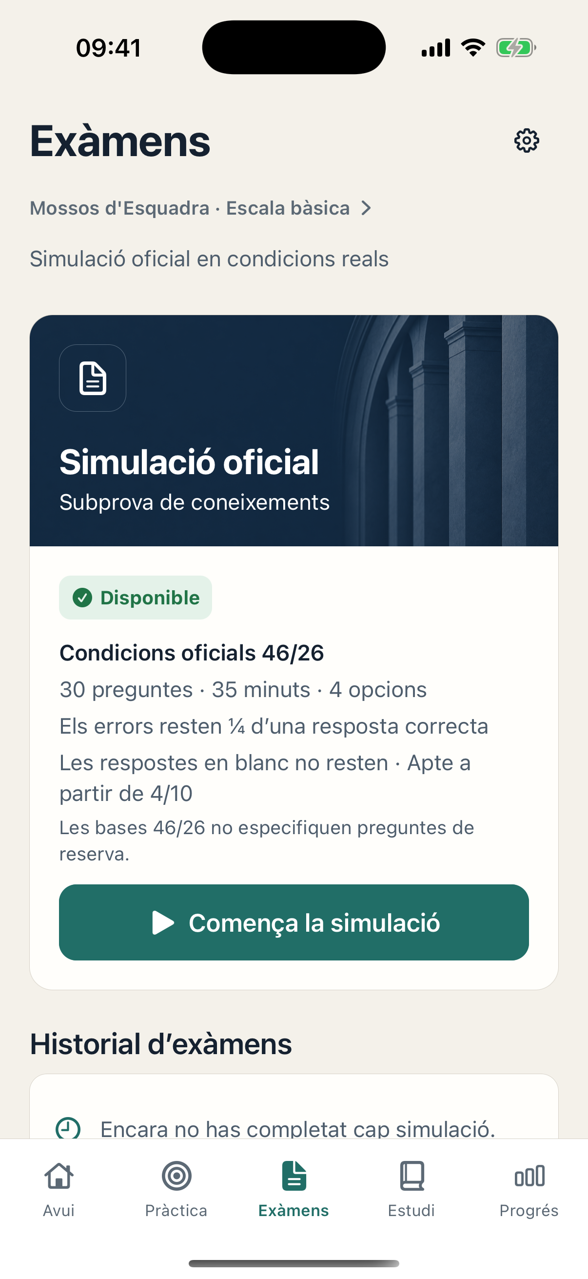 Pantalla Exàmens d'OpoCentro